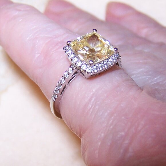 Sterling Silver Pale Yellow and Clear Cubic Zirconia CZ Engagement Ring - Size 6 - Picture 4 of 7